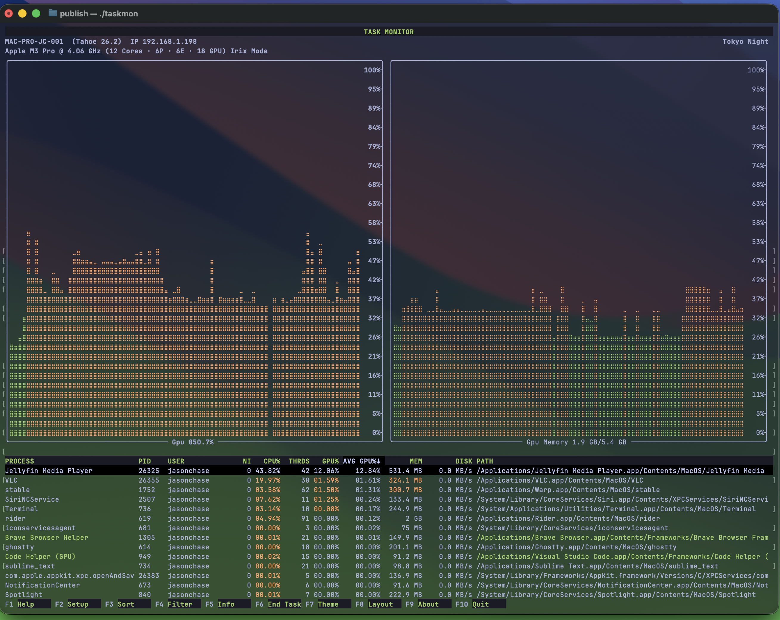 Task Monitor terminal application showing gpu charts