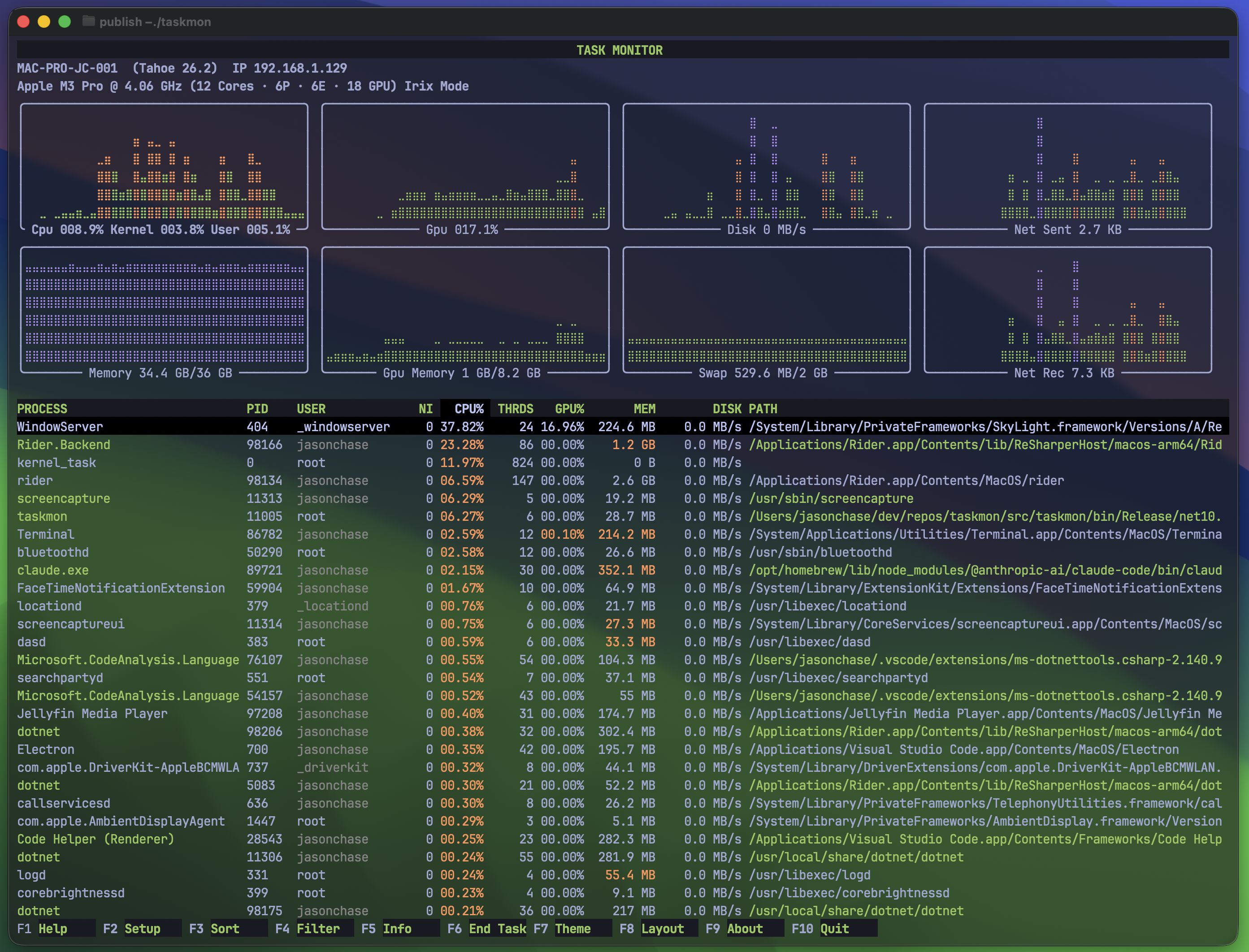 Task Monitor terminal application showing charts and processes